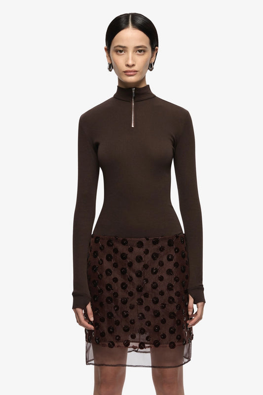 Moneta Long Sleeve Top Dark Chocolate by Bec + Bridge, ribbed zip front top, perfect for elevated casual styling