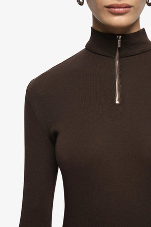 Moneta Long Sleeve Top Dark Chocolate by Bec + Bridge, ribbed zip front top, perfect for elevated casual styling