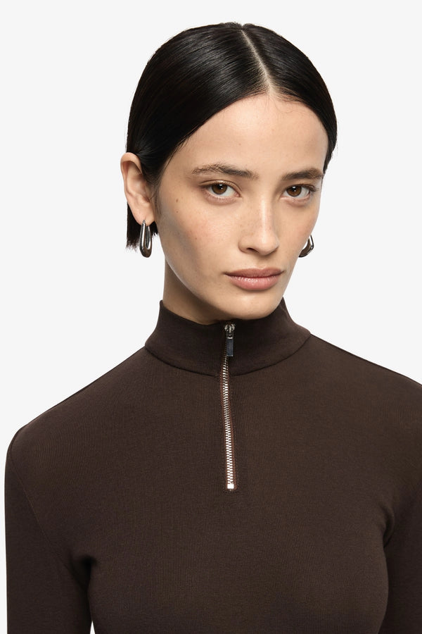 Moneta Long Sleeve Top Dark Chocolate by Bec + Bridge, ribbed zip front top, perfect for elevated casual styling
