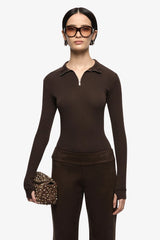 Moneta Long Sleeve Top Dark Chocolate by Bec + Bridge, ribbed zip front top, perfect for elevated casual styling