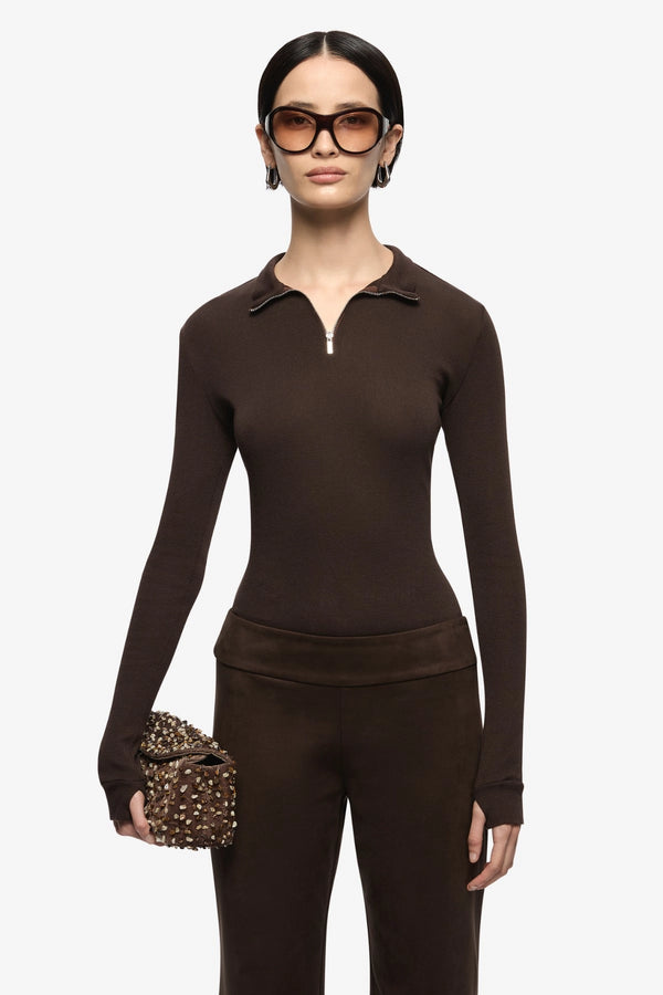 Moneta Long Sleeve Top Dark Chocolate by Bec + Bridge, ribbed zip front top, perfect for elevated casual styling