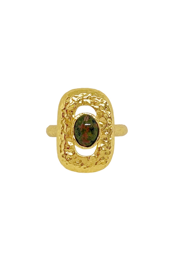 Monique Ring Gold by Mountain and Moon – hammered gold ring with natural Unakite gemstone and organic silhouette.