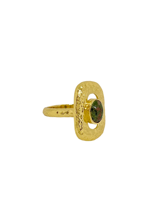 Monique Ring Gold by Mountain and Moon – hammered gold ring with natural Unakite gemstone and organic silhouette.