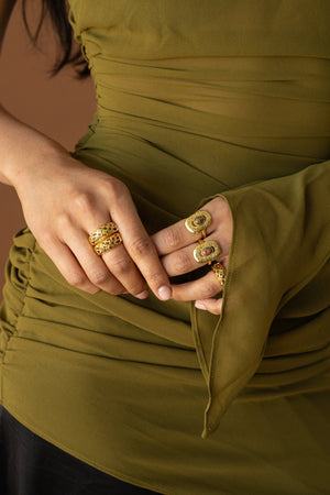 Monique Ring Gold by Mountain and Moon – hammered gold ring with natural Unakite gemstone and organic silhouette.