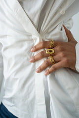 Monique Ring Gold by Mountain and Moon – hammered gold ring with natural Unakite gemstone and organic silhouette.