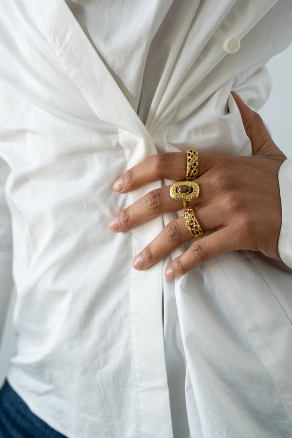 Monique Ring Gold by Mountain and Moon – hammered gold ring with natural Unakite gemstone and organic silhouette.