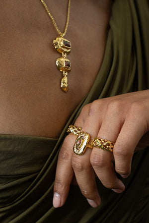 Monique Ring Gold by Mountain and Moon – hammered gold ring with natural Unakite gemstone and organic silhouette.