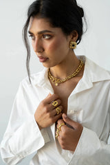 Monique Ring Gold by Mountain and Moon – hammered gold ring with natural Unakite gemstone and organic silhouette.