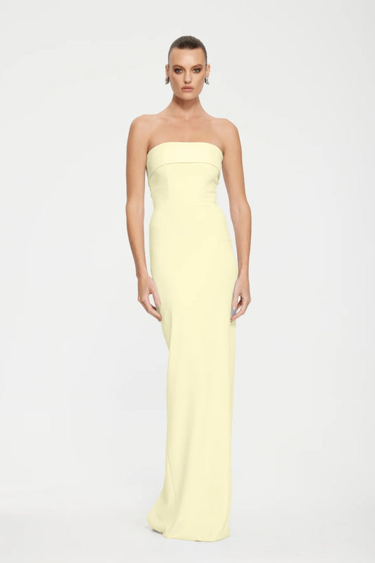 Monroe Gown in Lemon by Effie Kats – strapless silhouette with foldover bodice in stretch crepe. Perfect for weddings and evening wear.