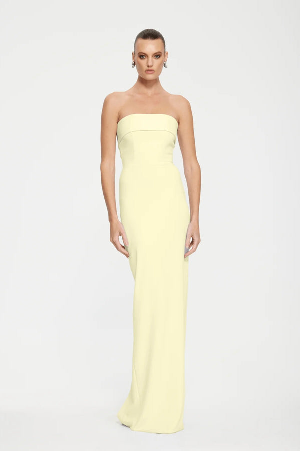 Monroe Gown in Lemon by Effie Kats – strapless silhouette with foldover bodice in stretch crepe. Perfect for weddings and evening wear.