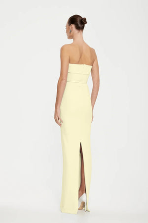 Monroe Gown in Lemon by Effie Kats – strapless silhouette with foldover bodice in stretch crepe. Perfect for weddings and evening wear.
