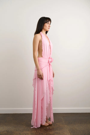 Morena Dress Candy Pink by DŽO, halter maxi dress with ruffle trim and draped silhouette, flowy statement dress perfect for events and summer occasions.
