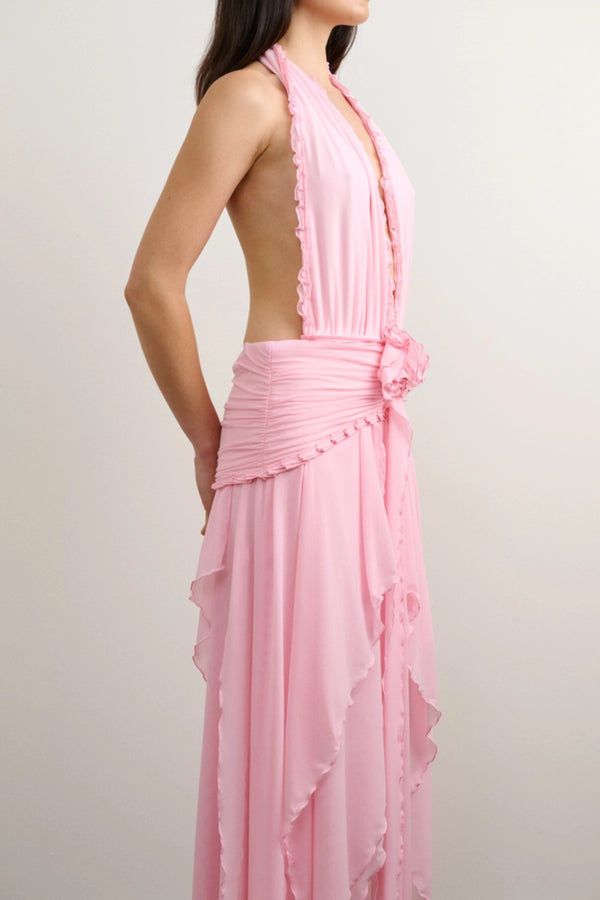 Morena Dress Candy Pink by DŽO, halter maxi dress with ruffle trim and draped silhouette, flowy statement dress perfect for events and summer occasions.