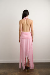Morena Dress Candy Pink by DŽO, halter maxi dress with ruffle trim and draped silhouette, flowy statement dress perfect for events and summer occasions.