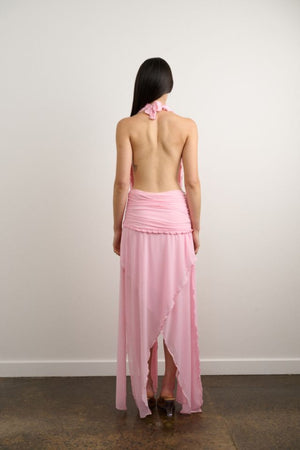 Morena Dress Candy Pink by DŽO, halter maxi dress with ruffle trim and draped silhouette, flowy statement dress perfect for events and summer occasions.