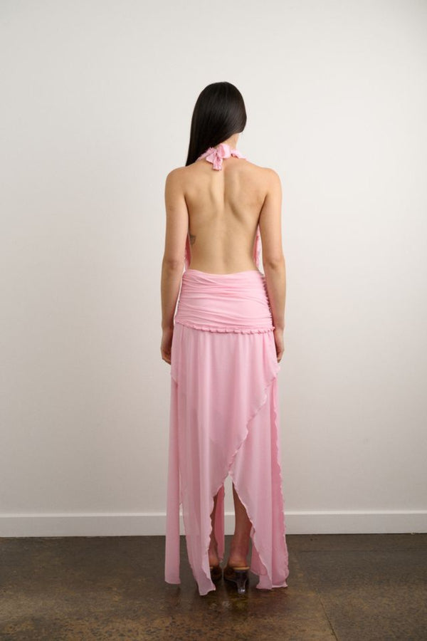 Morena Dress Candy Pink by DŽO, halter maxi dress with ruffle trim and draped silhouette, flowy statement dress perfect for events and summer occasions.