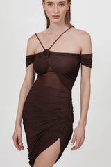 Moreno Dress in Wood by Maygel Coronel, a ruched off-shoulder mini with sheer panelling and floral detail. Perfect for summer events.
