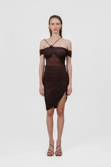 Moreno Dress in Wood by Maygel Coronel, a ruched off-shoulder mini with sheer panelling and floral detail. Perfect for summer events.
