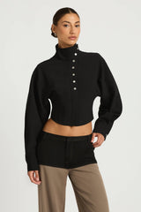 Morgana Shacket Black by Benni - cropped shacket with funnel neck and voluminous sleeves for structured, elevated styling.