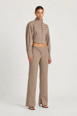 Morgana Shacket Mushroom by Benni – cropped funnel neck shacket with oversized sleeves and two-way zip.
