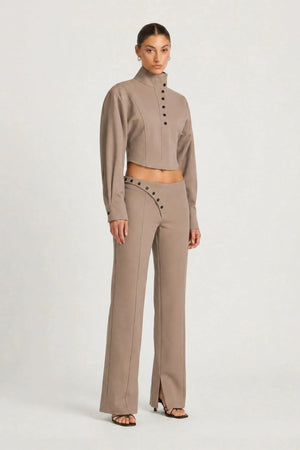 Morgana Shacket Mushroom by Benni – cropped funnel neck shacket with oversized sleeves and two-way zip.