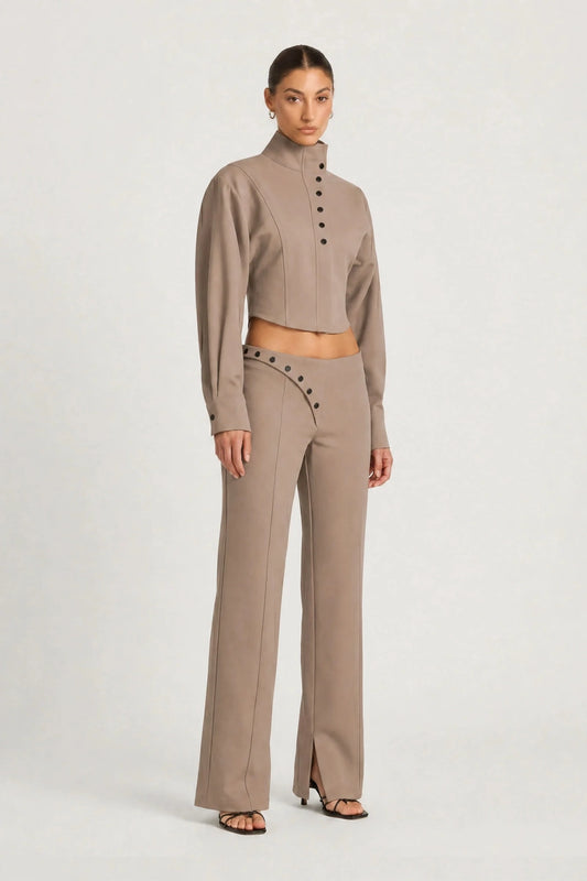 Morgana Shacket Mushroom by Benni – cropped funnel neck shacket with oversized sleeves and two-way zip.