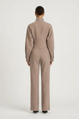 Morgana Shacket Mushroom by Benni – cropped funnel neck shacket with oversized sleeves and two-way zip.