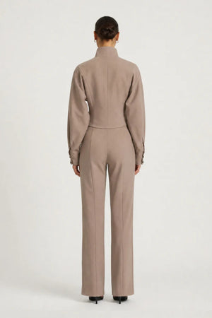 Morgana Shacket Mushroom by Benni – cropped funnel neck shacket with oversized sleeves and two-way zip.