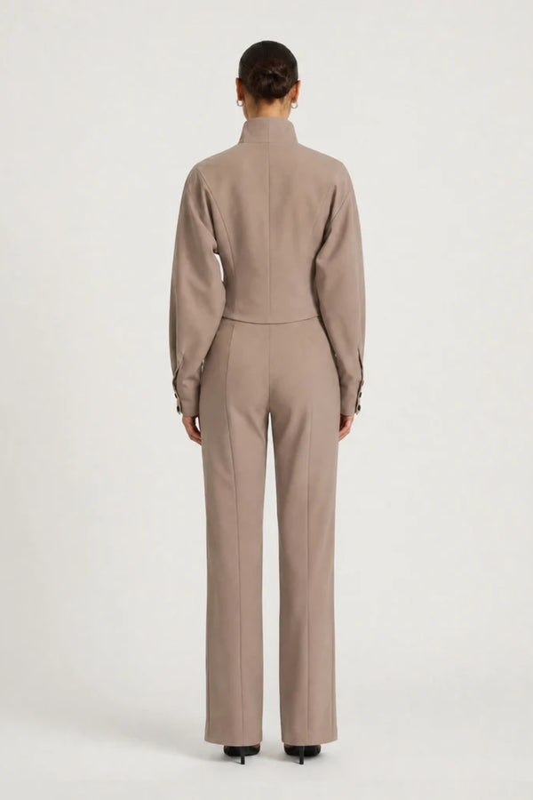 Morgana Shacket Mushroom by Benni – cropped funnel neck shacket with oversized sleeves and two-way zip.
