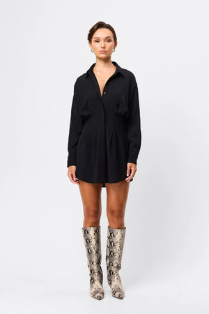 Mossman Good Intentions Mini Dress in Black, a chic blouson mini with classic shirt collar, gathered waist, and buttoned cuffs for versatile day-to-night styling.