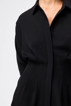 Mossman Good Intentions Mini Dress in Black, a chic blouson mini with classic shirt collar, gathered waist, and buttoned cuffs for versatile day-to-night styling.