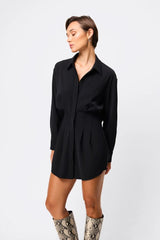 Mossman Good Intentions Mini Dress in Black, a chic blouson mini with classic shirt collar, gathered waist, and buttoned cuffs for versatile day-to-night styling.