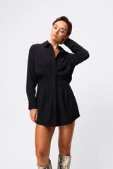 Mossman Good Intentions Mini Dress in Black, a chic blouson mini with classic shirt collar, gathered waist, and buttoned cuffs for versatile day-to-night styling.
