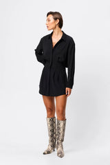 Mossman Good Intentions Mini Dress in Black, a chic blouson mini with classic shirt collar, gathered waist, and buttoned cuffs for versatile day-to-night styling.