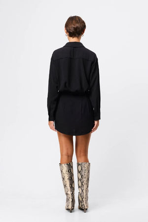 Mossman Good Intentions Mini Dress in Black, a chic blouson mini with classic shirt collar, gathered waist, and buttoned cuffs for versatile day-to-night styling.