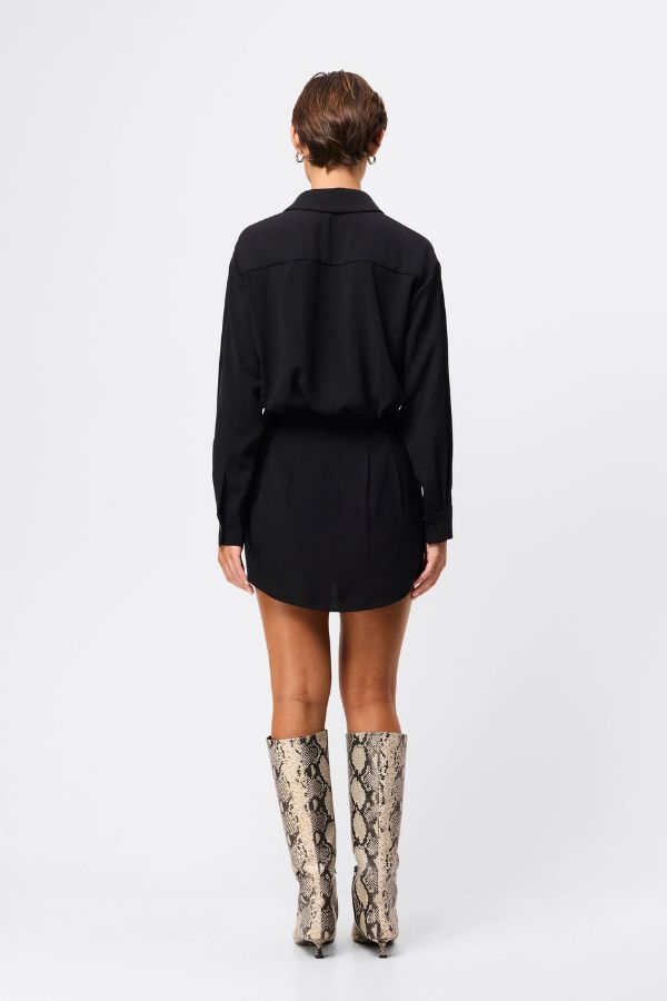Mossman Good Intentions Mini Dress in Black, a chic blouson mini with classic shirt collar, gathered waist, and buttoned cuffs for versatile day-to-night styling.