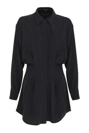 Mossman Good Intentions Mini Dress in Black, a chic blouson mini with classic shirt collar, gathered waist, and buttoned cuffs for versatile day-to-night styling.