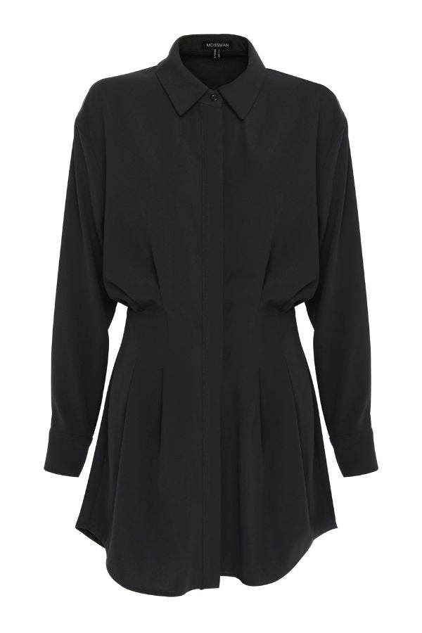 Mossman Good Intentions Mini Dress in Black, a chic blouson mini with classic shirt collar, gathered waist, and buttoned cuffs for versatile day-to-night styling.