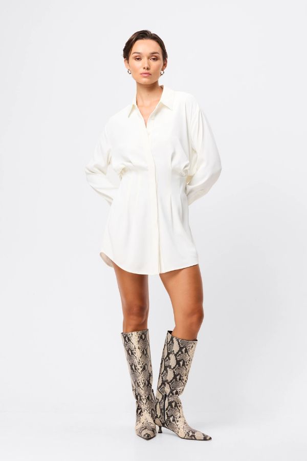 Mossman Good Intentions Mini Dress in White, a chic blouson mini with classic shirt collar, gathered waist, and buttoned cuffs for effortless elegance.