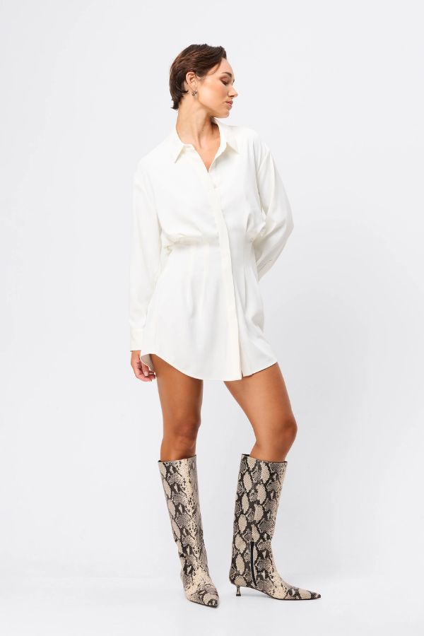 Mossman Good Intentions Mini Dress in White, a chic blouson mini with classic shirt collar, gathered waist, and buttoned cuffs for effortless elegance.