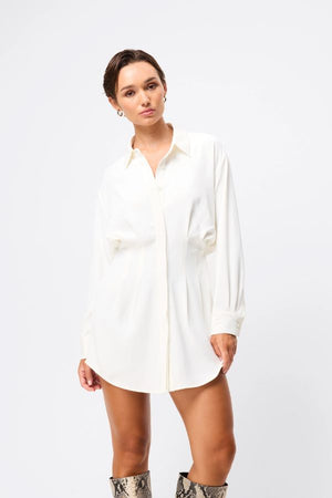 Mossman Good Intentions Mini Dress in White, a chic blouson mini with classic shirt collar, gathered waist, and buttoned cuffs for effortless elegance.