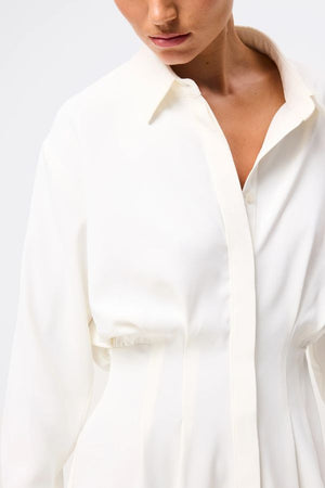 Mossman Good Intentions Mini Dress in White, a chic blouson mini with classic shirt collar, gathered waist, and buttoned cuffs for effortless elegance. 6