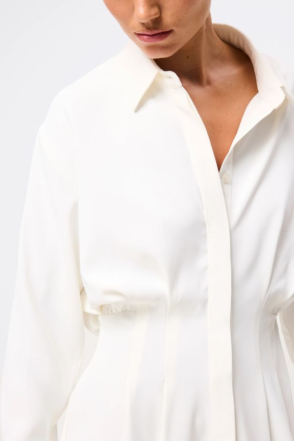 Mossman Good Intentions Mini Dress in White, a chic blouson mini with classic shirt collar, gathered waist, and buttoned cuffs for effortless elegance.