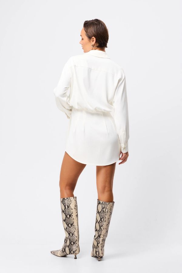 Mossman Good Intentions Mini Dress in White, a chic blouson mini with classic shirt collar, gathered waist, and buttoned cuffs for effortless elegance.