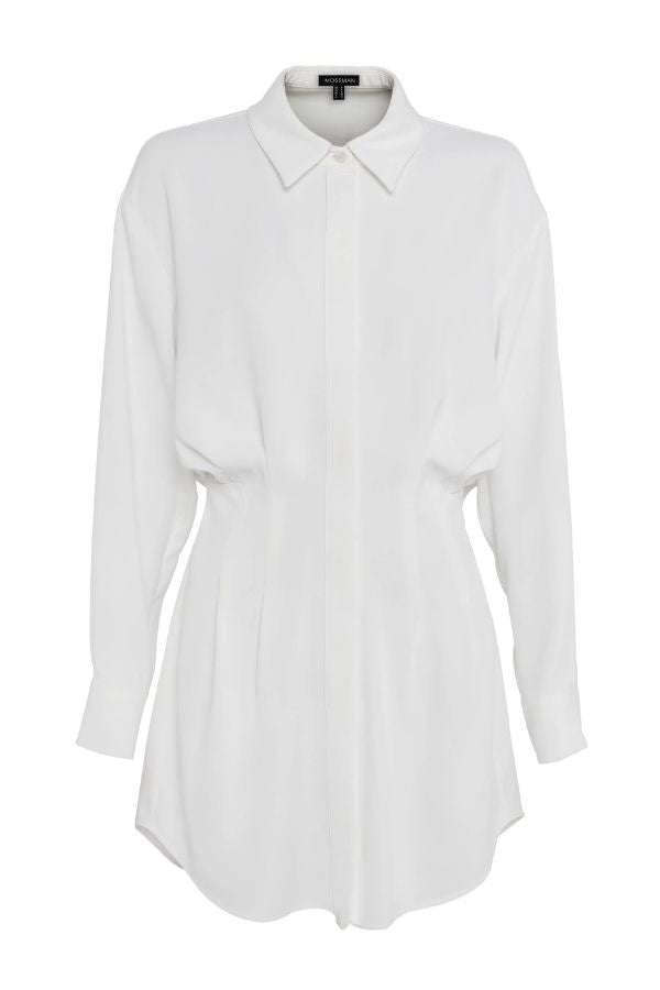 Mossman Good Intentions Mini Dress in White, a chic blouson mini with classic shirt collar, gathered waist, and buttoned cuffs for effortless elegance.