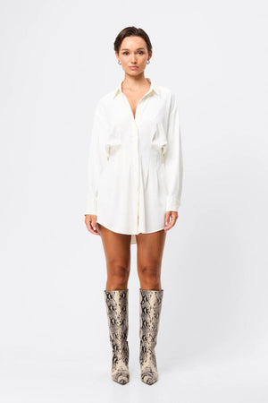 Mossman Good Intentions Mini Dress in White, a chic blouson mini with classic shirt collar, gathered waist, and buttoned cuffs for effortless elegance.