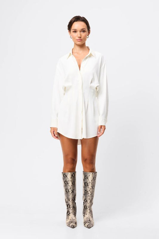 Mossman Good Intentions Mini Dress in White, a chic blouson mini with classic shirt collar, gathered waist, and buttoned cuffs for effortless elegance.