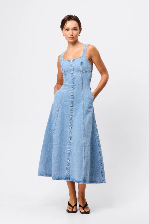 Mossman In A Daze Midi Dress in Vintage Blue, a denim-inspired button-through midi with square neckline, contrast stitching, and chic fit-and-flare silhouette.