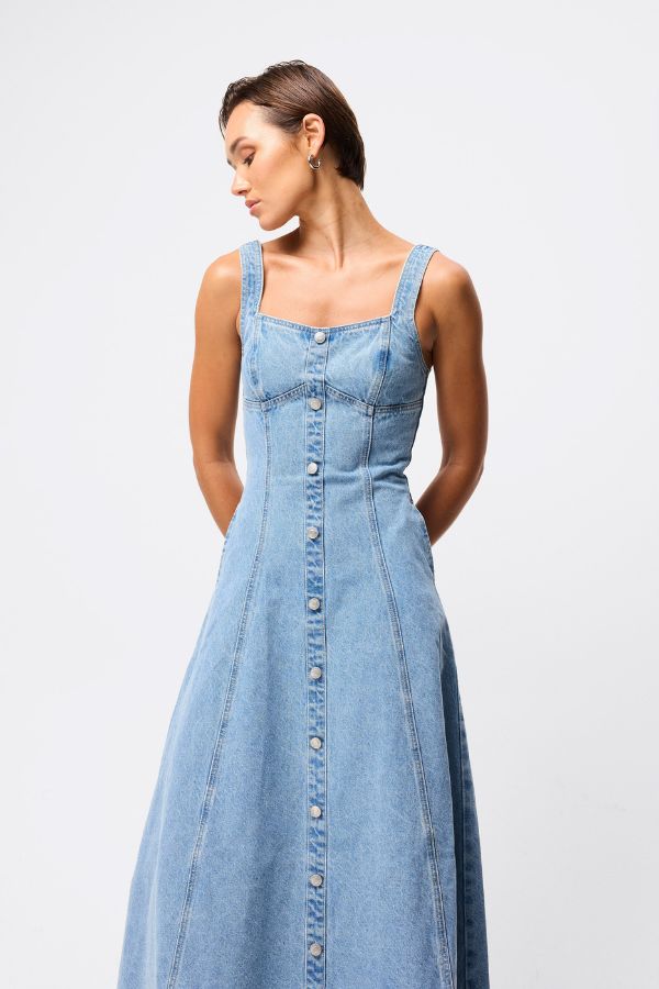 Mossman In A Daze Midi Dress in Vintage Blue, a denim-inspired button-through midi with square neckline, contrast stitching, and chic fit-and-flare silhouette.