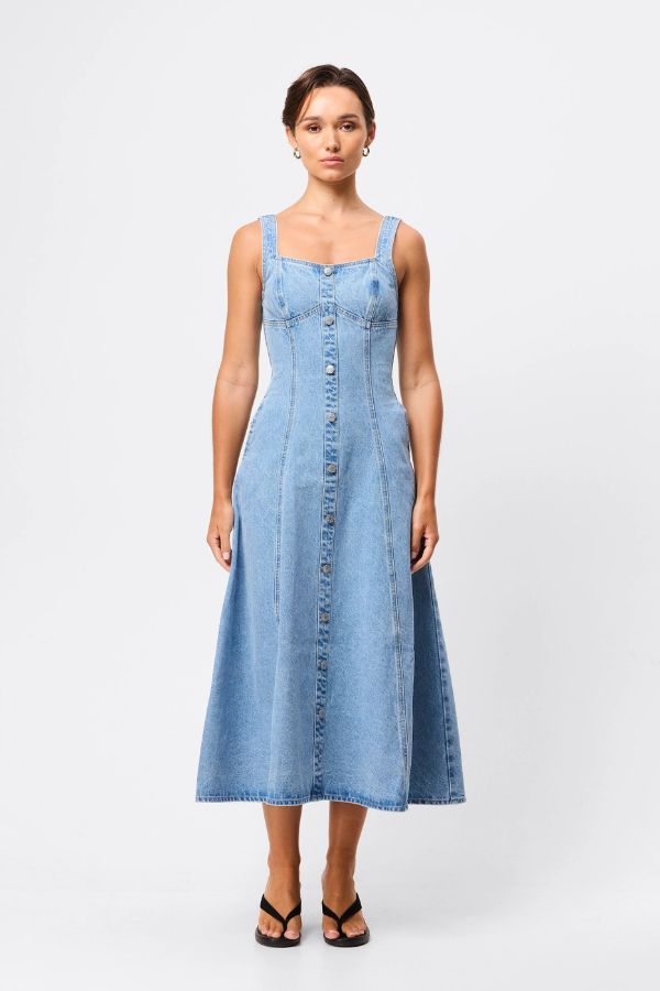 Mossman In A Daze Midi Dress in Vintage Blue, a denim-inspired button-through midi with square neckline, contrast stitching, and chic fit-and-flare silhouette.